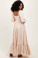 Cream Long Sleeve Floral Accent Dress PinkBlush 