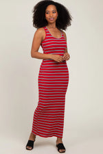 Red Black Striped Side Slit Maternity Maxi Dress PinkBlush 