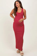 Red Black Striped Side Slit Maternity Maxi Dress PinkBlush 