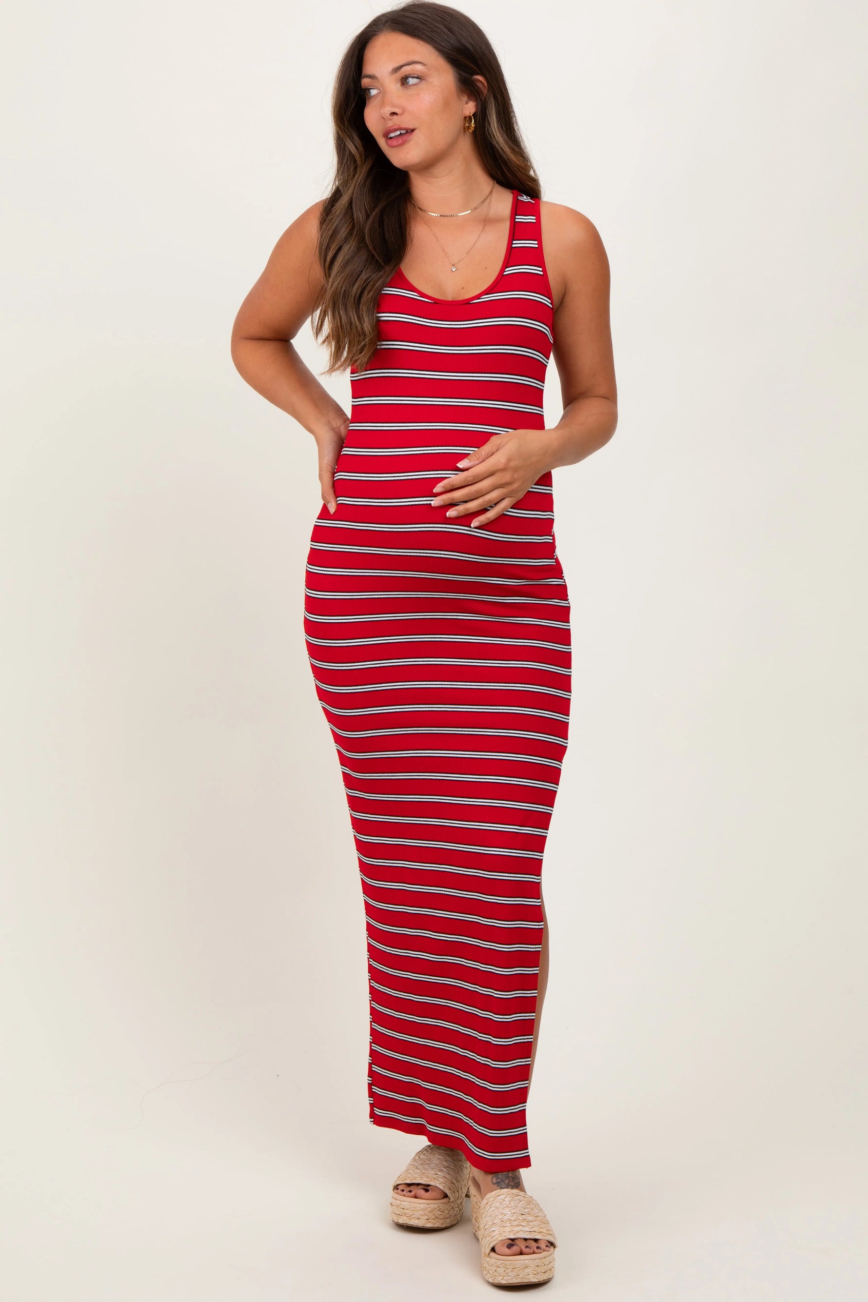 Red Black Striped Side Slit Maternity Maxi Dress PinkBlush 
