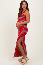 Red Black Striped Side Slit Maternity Maxi Dress PinkBlush 