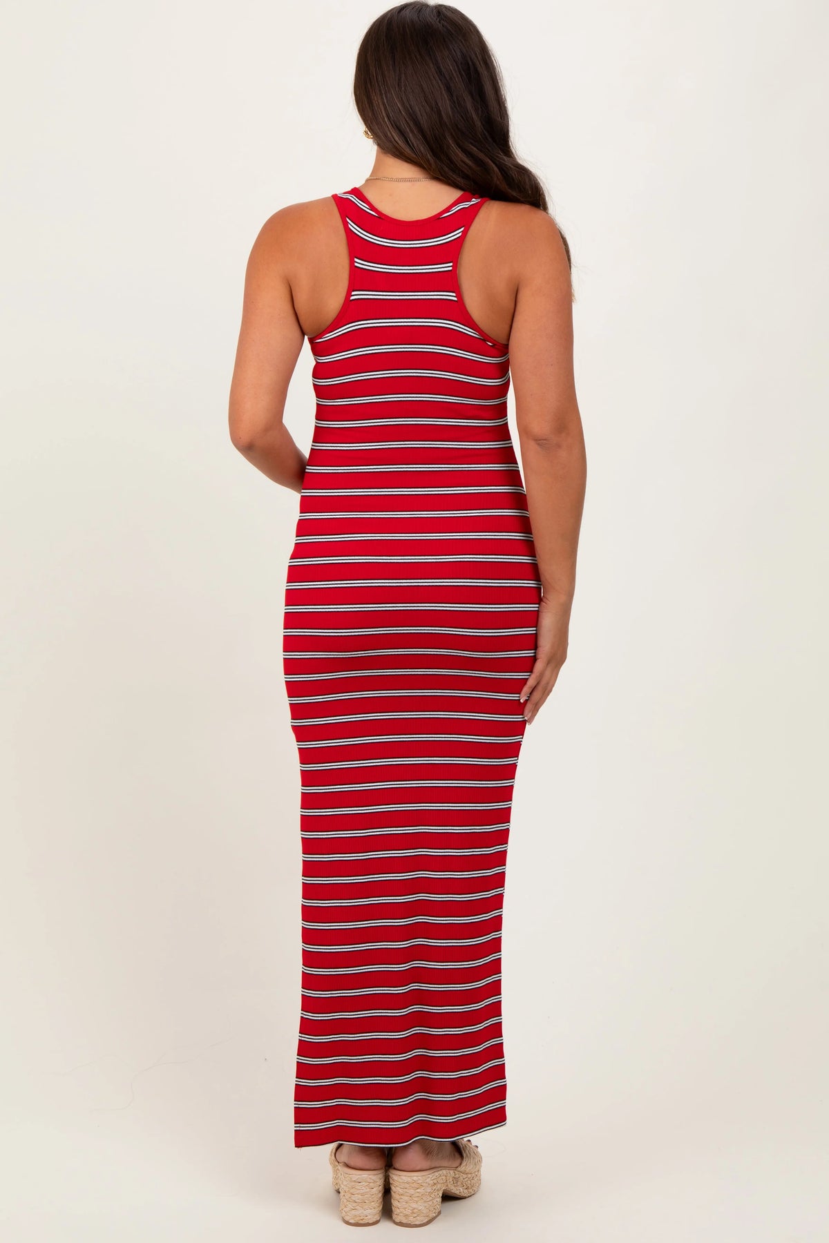 Red Black Striped Side Slit Maternity Maxi Dress PinkBlush 