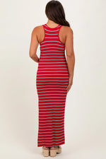 Red Black Striped Side Slit Maternity Maxi Dress PinkBlush 