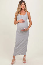Ivory Striped Button Front Sleeveless Maternity Maxi Dress PinkBlush 