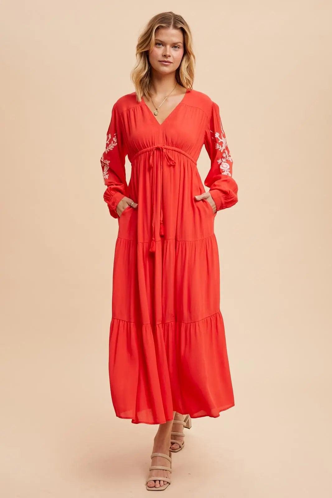 PinkBlush Elegant Red Embroidered Maxi Dress with Long Sleeves for Women - Apparel & Accessories > Clothing > Dresses