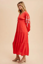 PinkBlush Elegant Red Embroidered Maxi Dress with Long Sleeves for Women - Apparel & Accessories > Clothing > Dresses