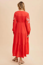PinkBlush Elegant Red Embroidered Maxi Dress with Long Sleeves for Women - Apparel & Accessories > Clothing > Dresses