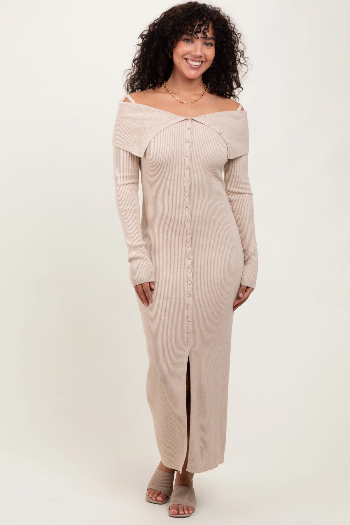 Beige Off Shoulder Long Cardigan Maxi Dress PinkBlush 