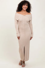 Beige Off Shoulder Long Cardigan Maxi Dress PinkBlush 