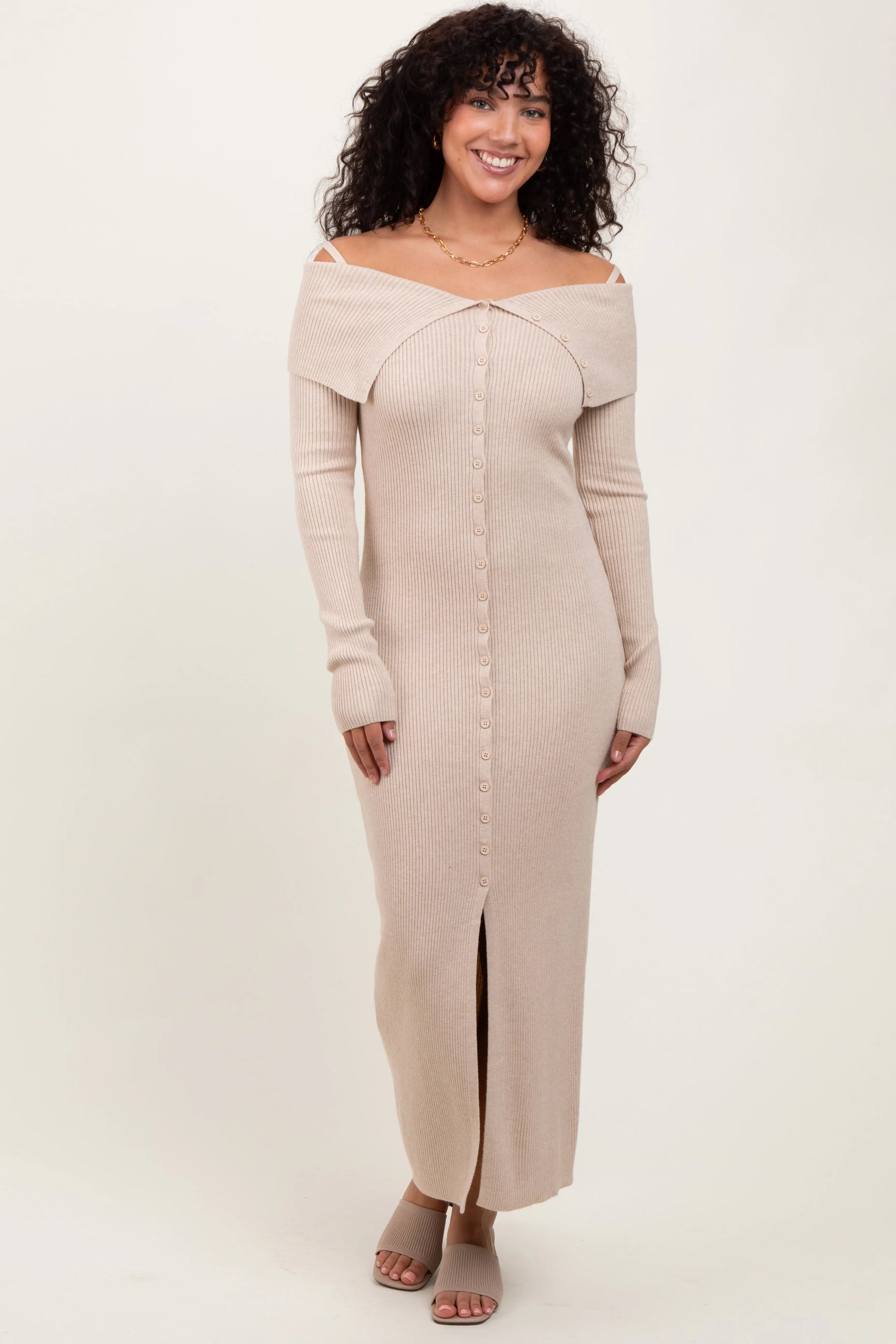 Beige Off Shoulder Long Cardigan Maxi Dress PinkBlush 