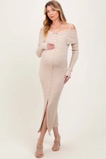 Beige Off Shoulder Long Cardigan Maternity Maxi Dress PinkBlush 