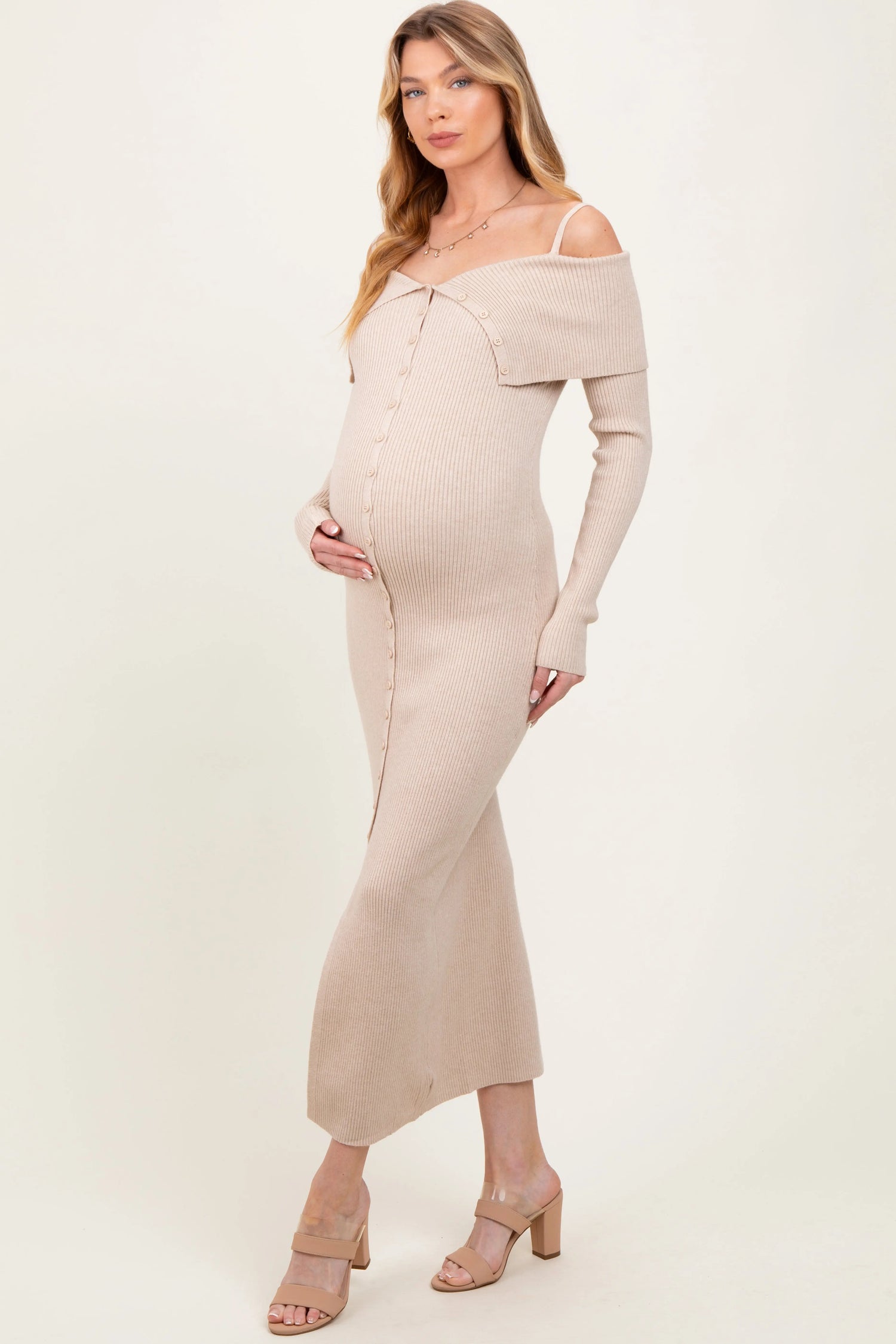 Beige Off Shoulder Long Cardigan Maternity Maxi Dress PinkBlush 