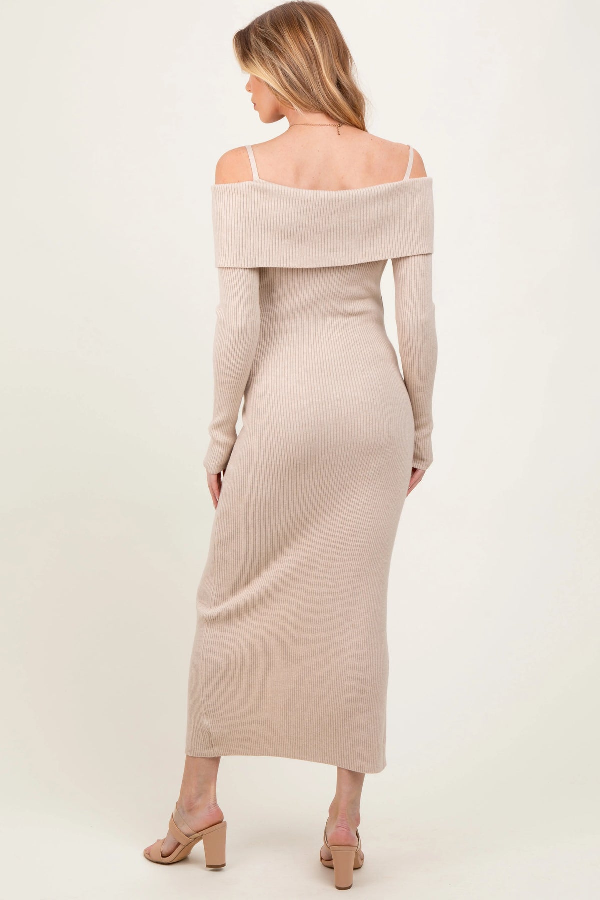 Beige Off Shoulder Long Cardigan Maternity Maxi Dress PinkBlush 