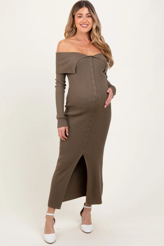 Olive Off Shoulder Long Cardigan Maternity Maxi Dress PinkBlush