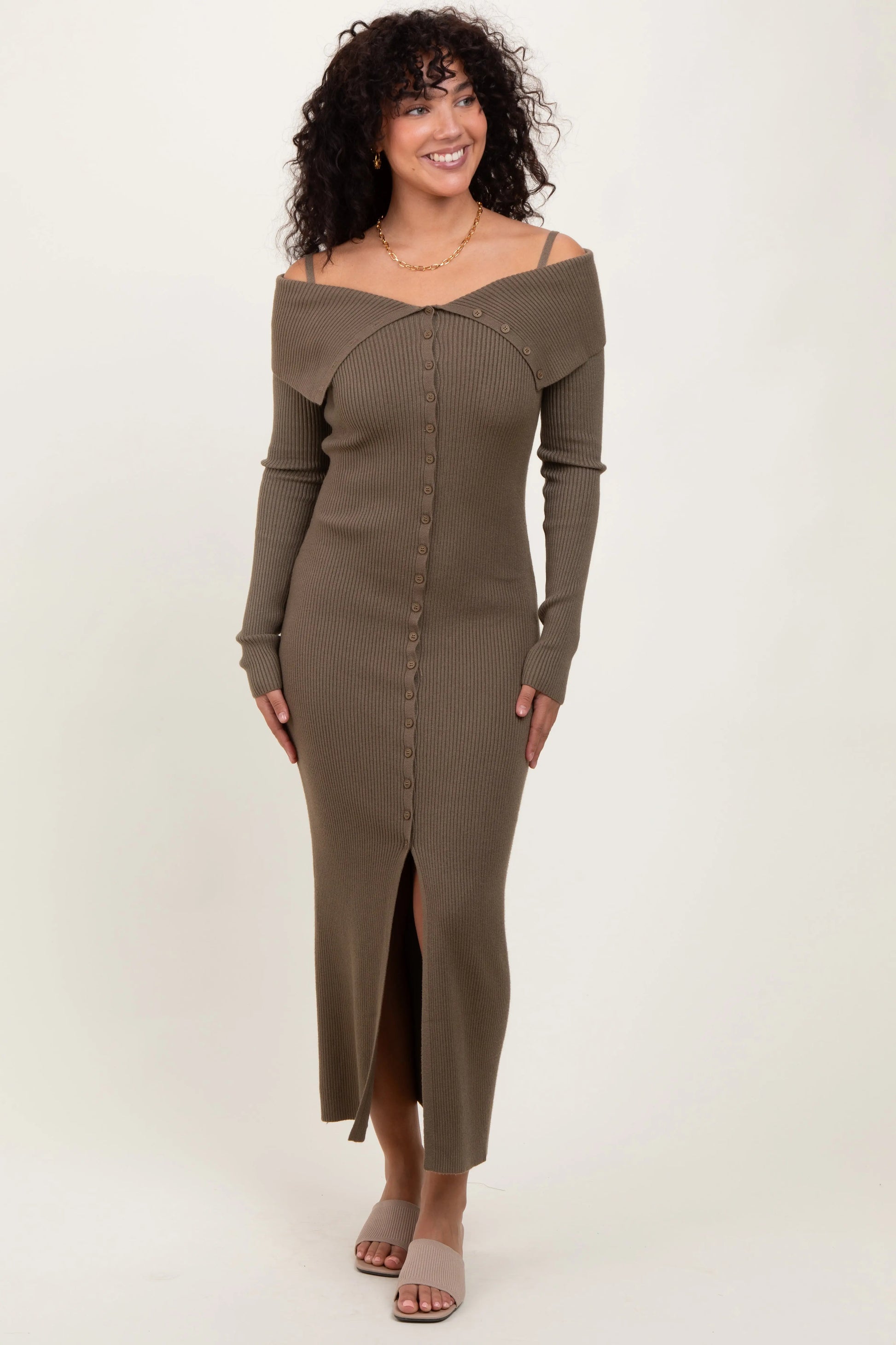 Olive Off Shoulder Long Cardigan Maternity Maxi Dress PinkBlush