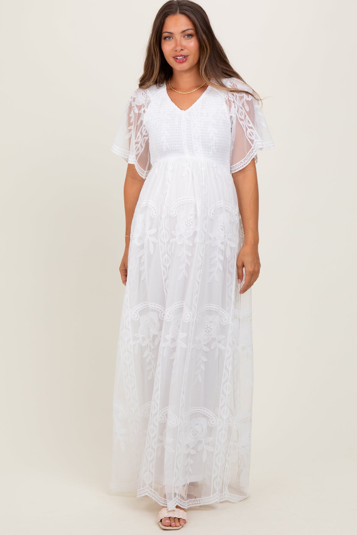 White maternity maxi dress with smocked bodice, lace detailing, and a long flowing skirt