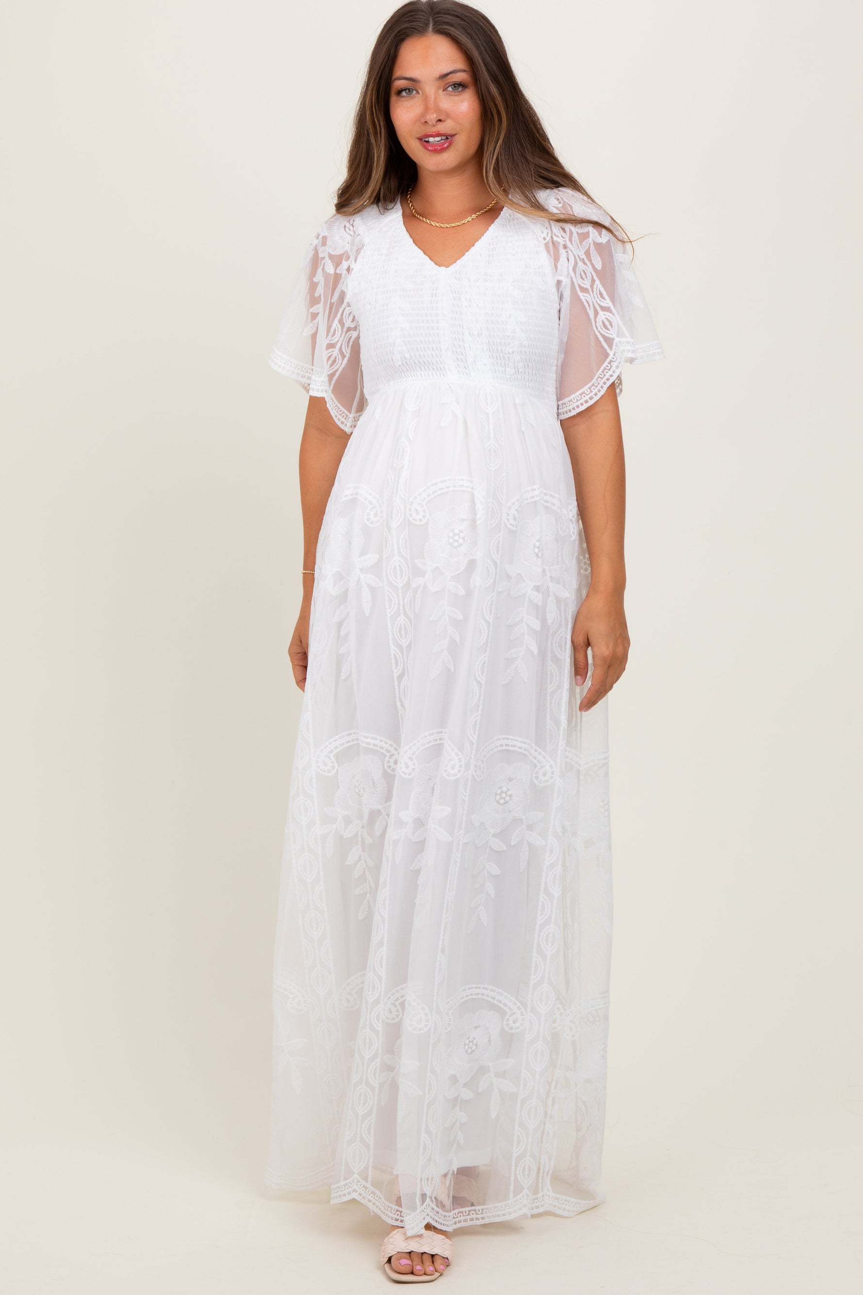 White maternity maxi dress with smocked bodice, lace detailing, and a long flowing skirt