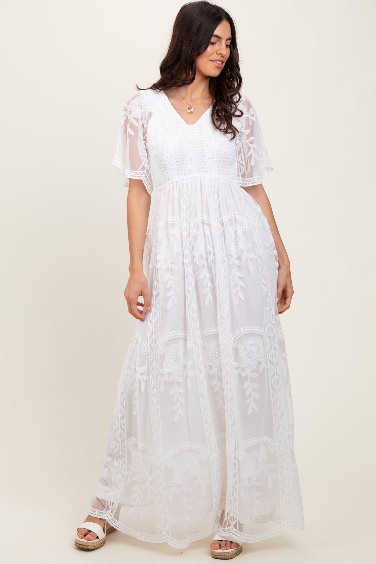 White Smocked Top Lace Maternity Maxi Dress by PinkBlush