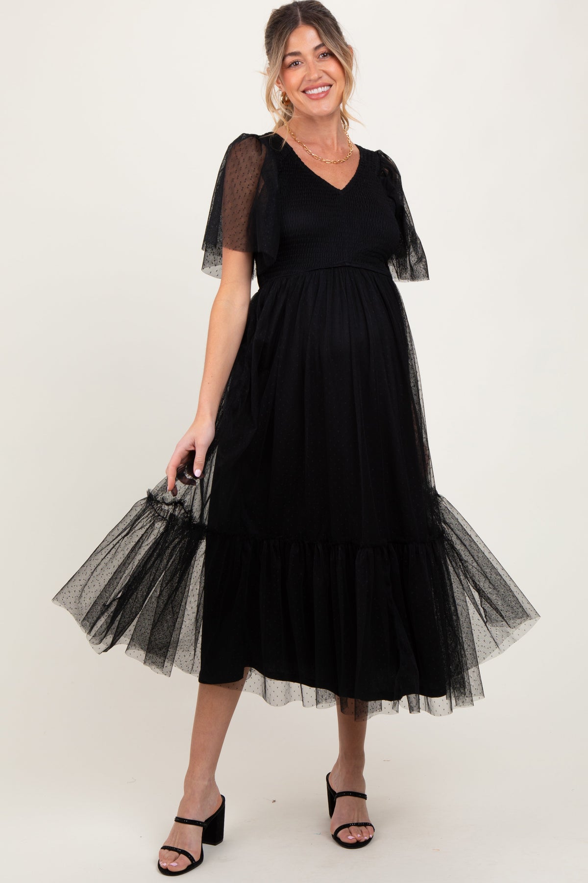 Black Dotted Tulle Smocked Maternity Midi Dress by PinkBlush at Everetts Place