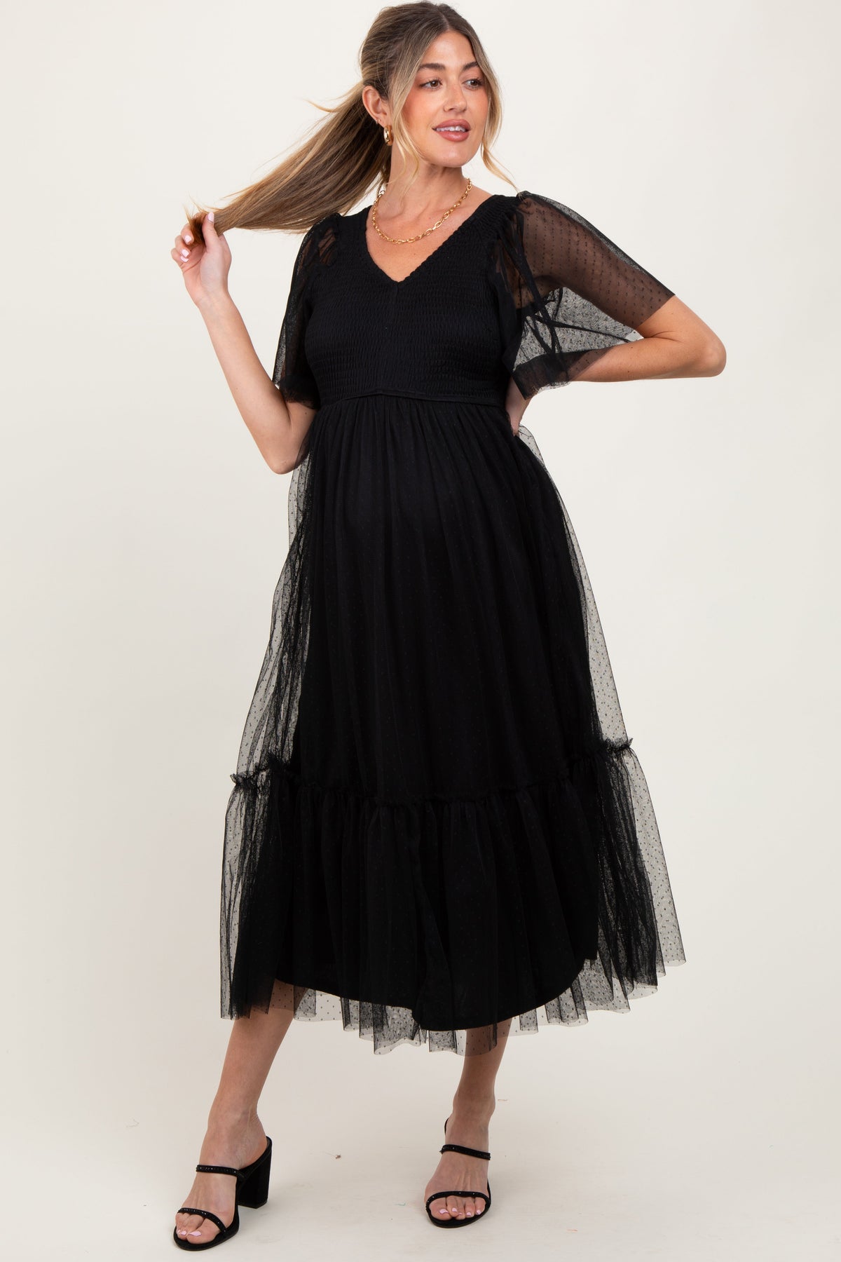 Black Dotted Tulle Smocked Maternity Midi Dress by PinkBlush at Everetts Place