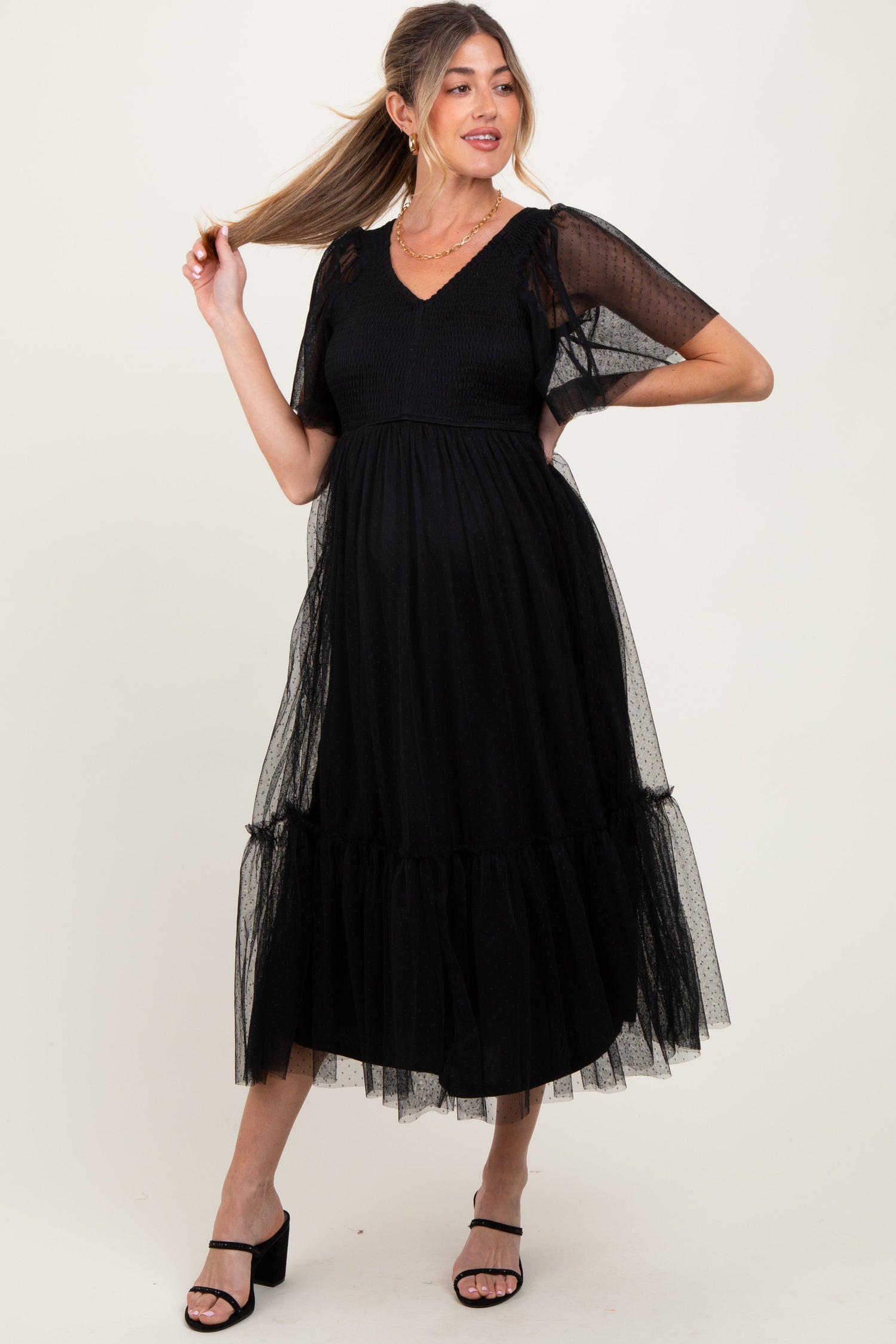 Black Dotted Tulle Smocked Maternity Midi Dress by PinkBlush at Everetts Place