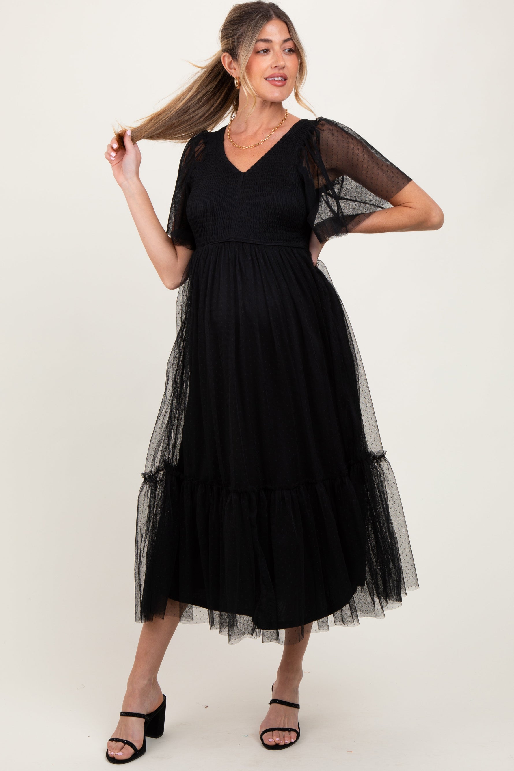 Black Dotted Tulle Smocked Maternity Midi Dress by PinkBlush at Everetts Place