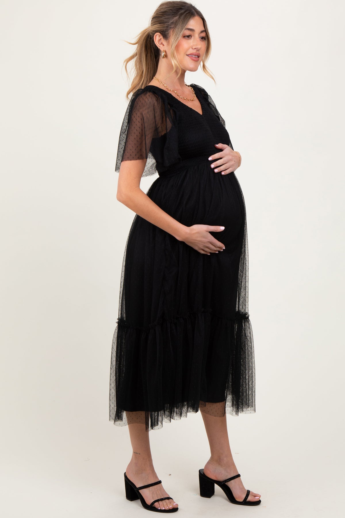 Black Dotted Tulle Smocked Maternity Midi Dress by PinkBlush at Everetts Place