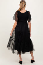 Black Dotted Tulle Smocked Maternity Midi Dress by PinkBlush at Everetts Place