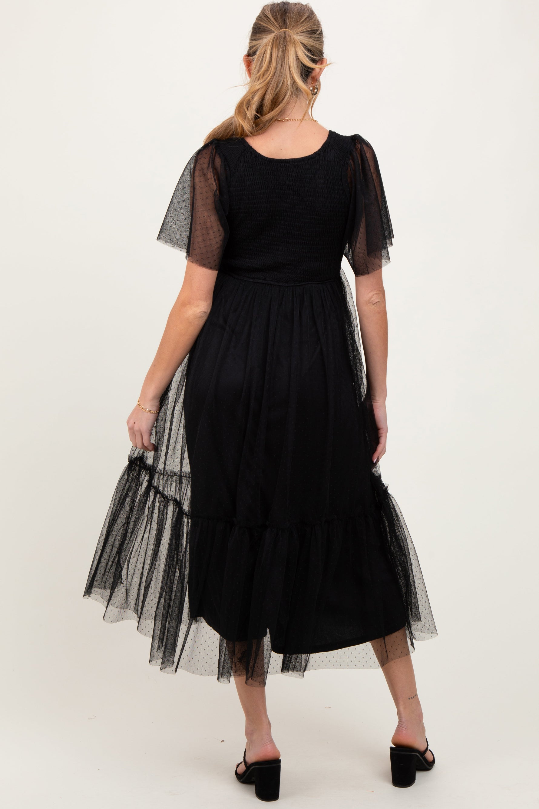 Black Dotted Tulle Smocked Maternity Midi Dress by PinkBlush at Everetts Place