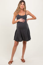 Charcoal ribbed knit sleeveless maternity mini dress, adjustable straps.