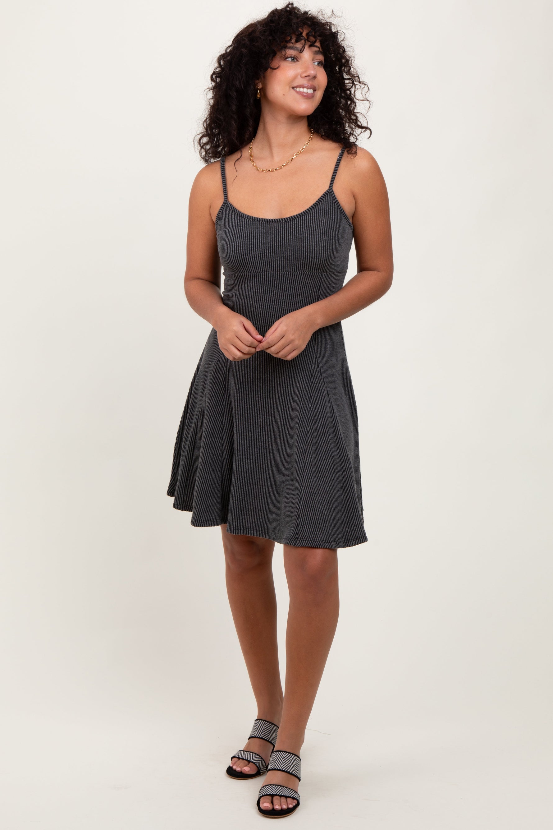 PinkBlush charcoal ribbed knit sleeveless mini dress with adjustable straps.