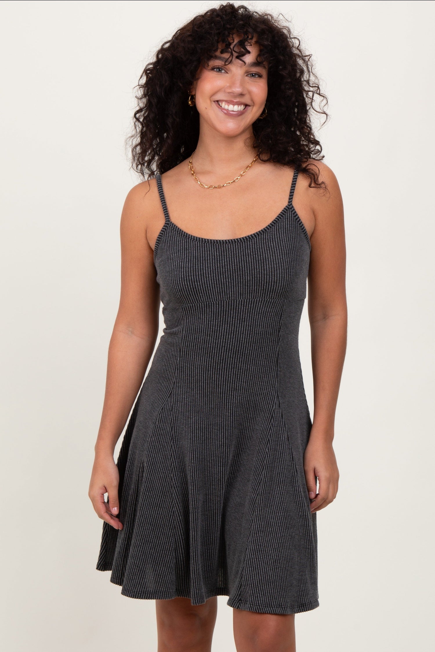 PinkBlush charcoal ribbed knit mini dress with adjustable straps.