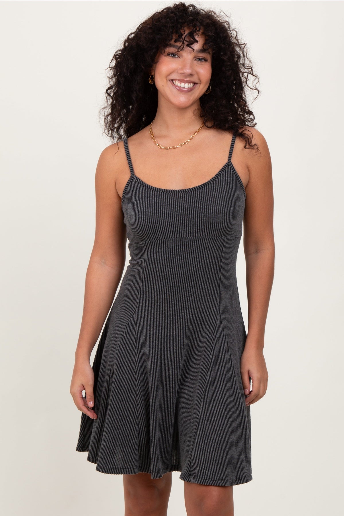 PinkBlush charcoal ribbed knit maternity mini dress with adjustable straps.