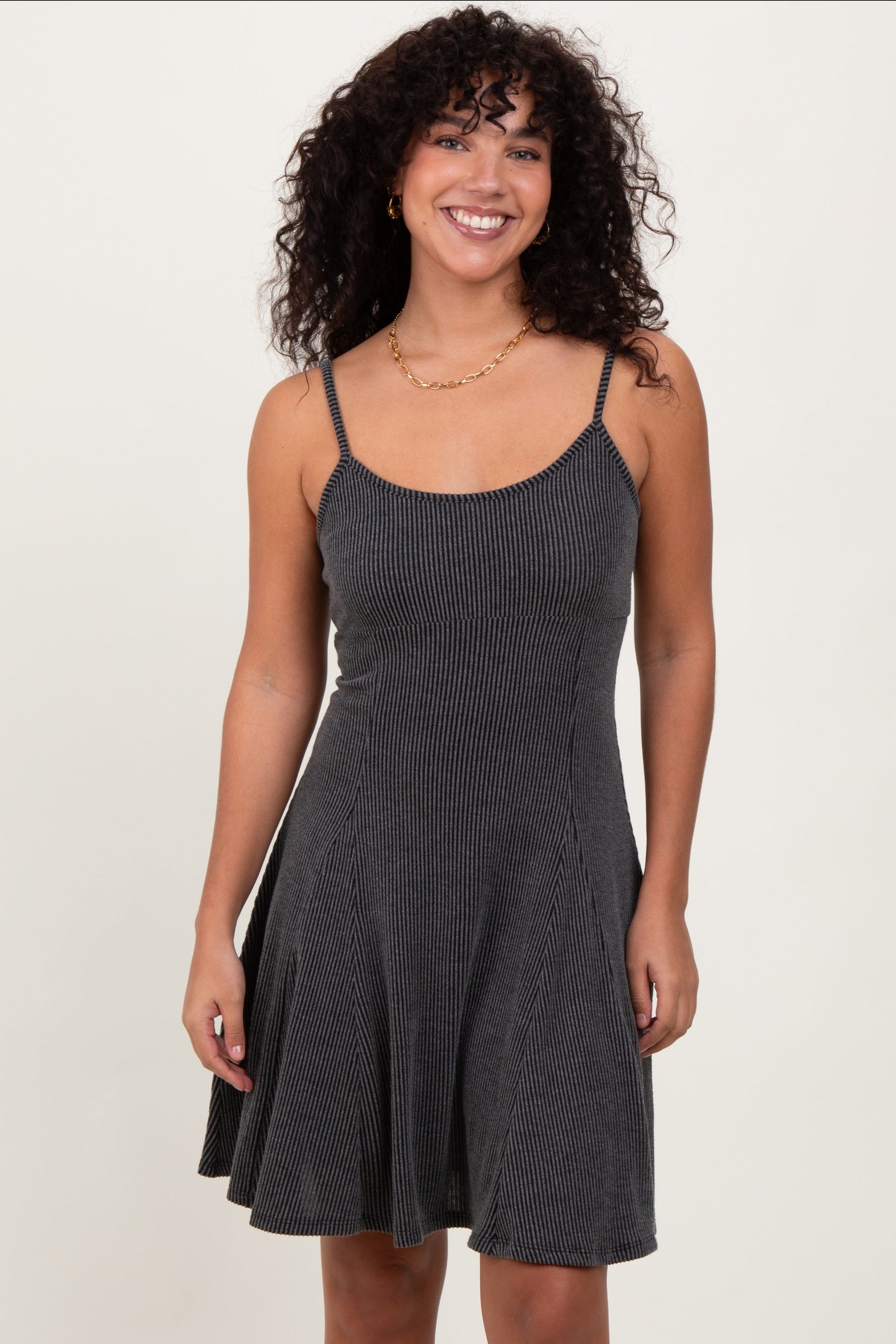 PinkBlush charcoal ribbed knit maternity mini dress with adjustable straps.