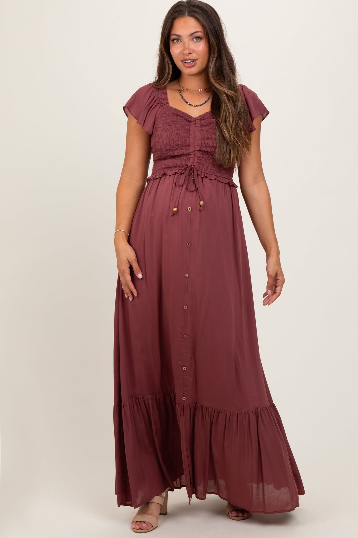 Flowy Smocked Woven Maternity Maxi Dress by PinkBlush (view 2 of 6)