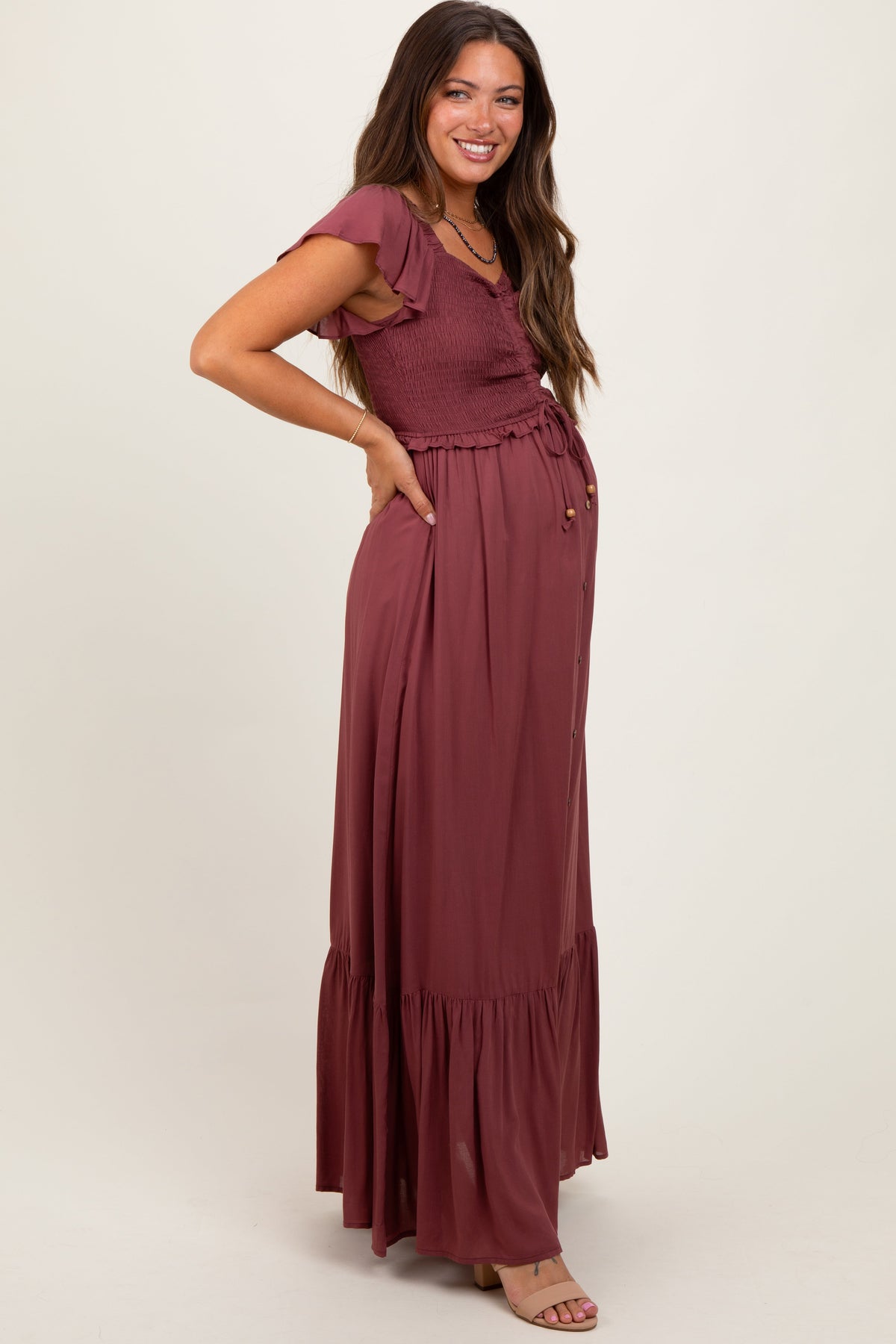 Flowy Smocked Woven Maternity Maxi Dress by PinkBlush (view 3 of 6)