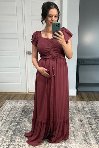 Burgundy Smocked Top Woven Maternity Maxi Dress by PinkBlush at Everetts Place