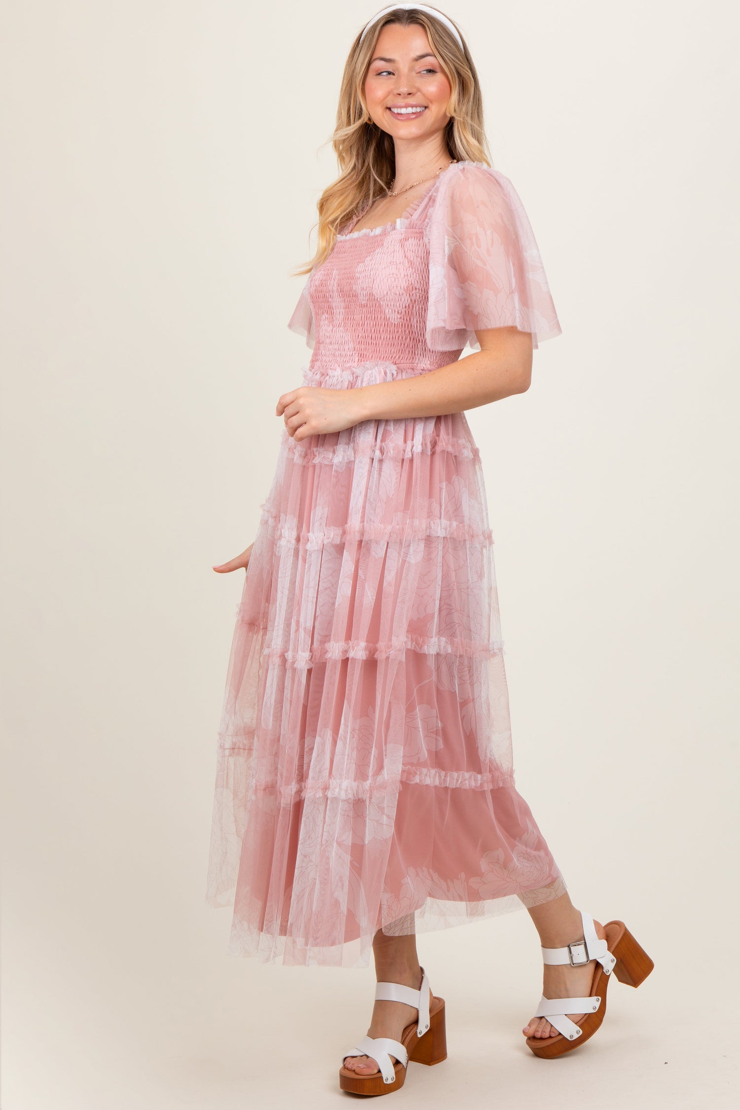 Pink Smocked Top Mesh Ruffled Midi Dress