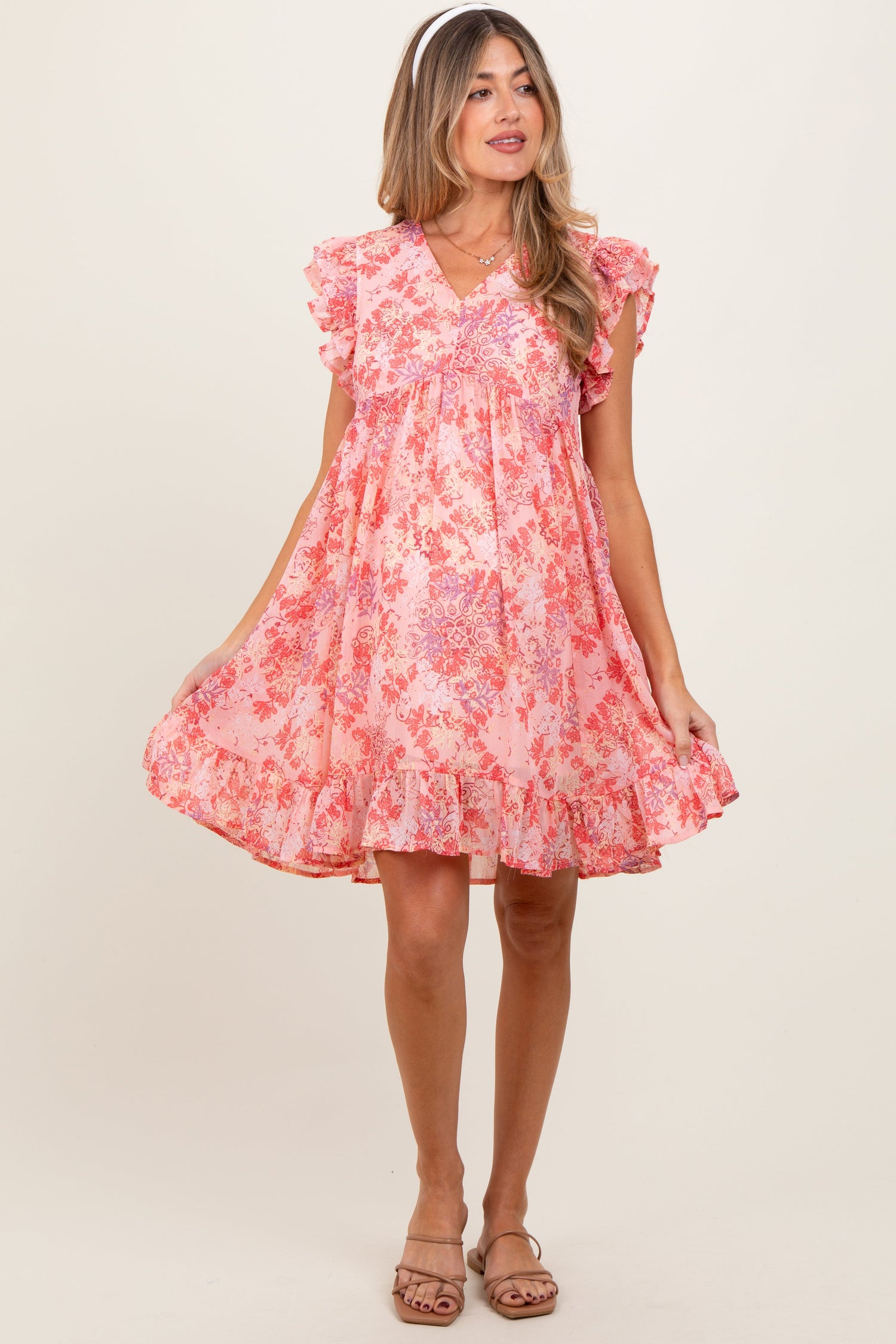 Pink Floral Chiffon Ruffle Short Sleeve Maternity Dress by PinkBlush at Everetts Place