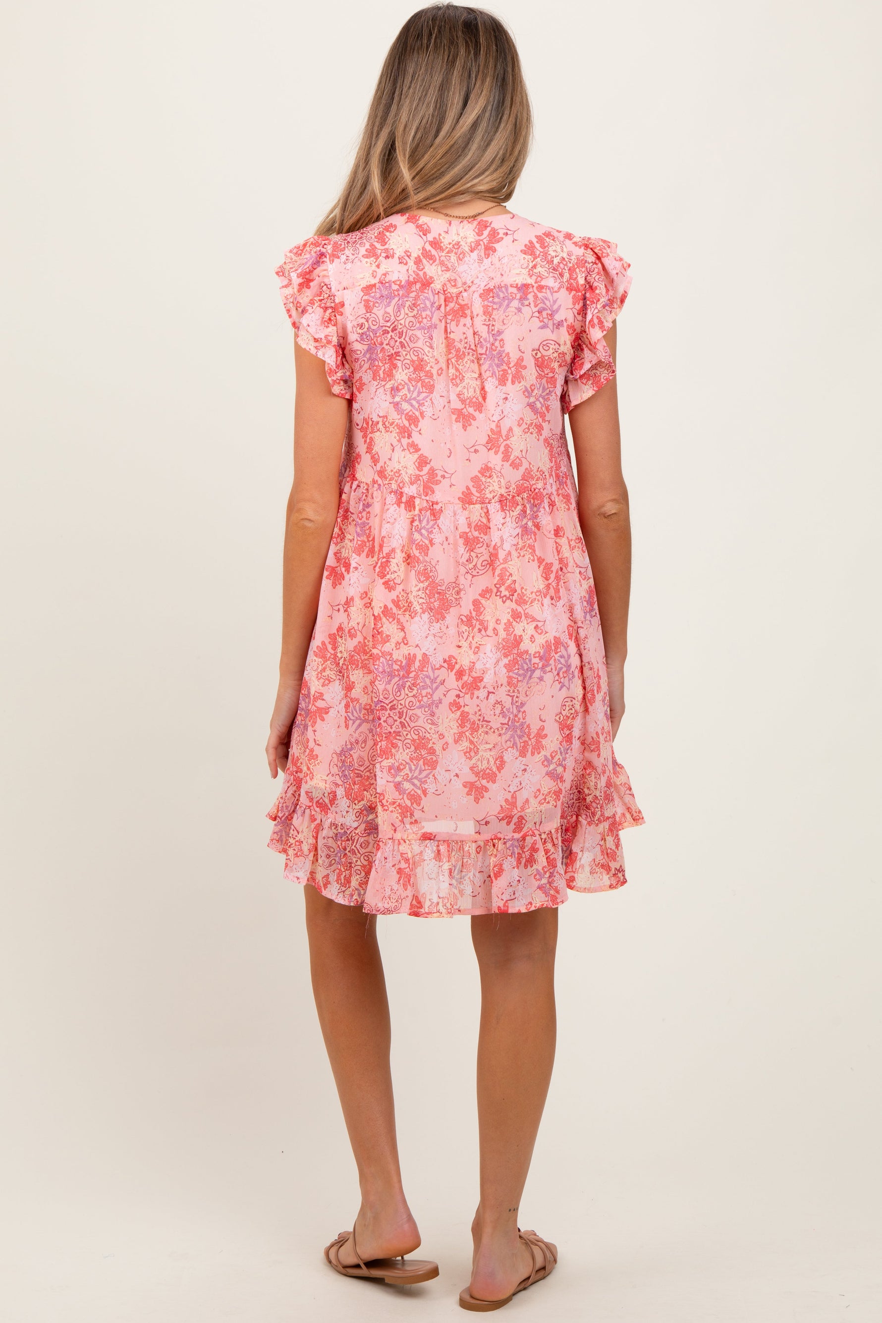 Pink Floral Chiffon Ruffle Short Sleeve Maternity Dress by PinkBlush at Everetts Place