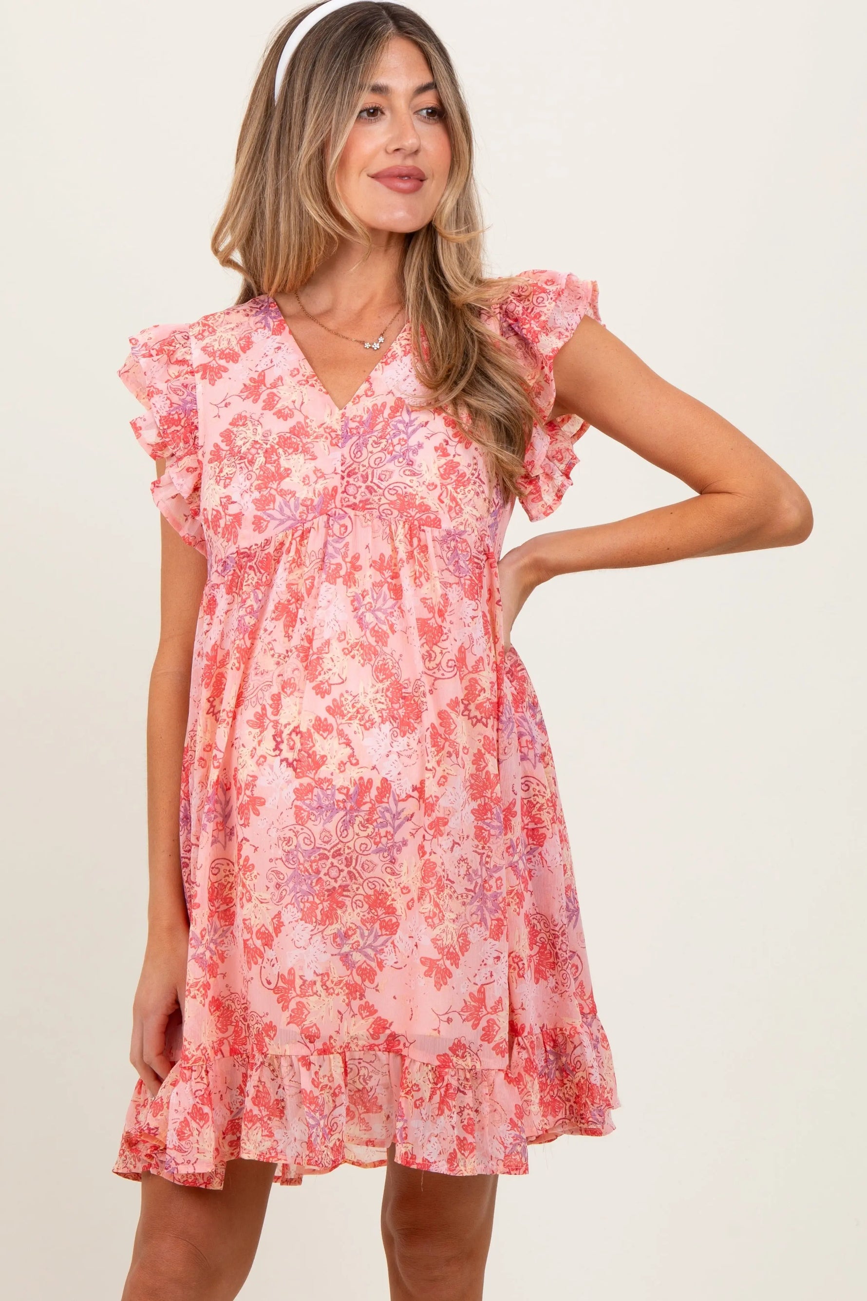 Pink Floral Chiffon Ruffle Short Sleeve Maternity Dress PinkBlush 