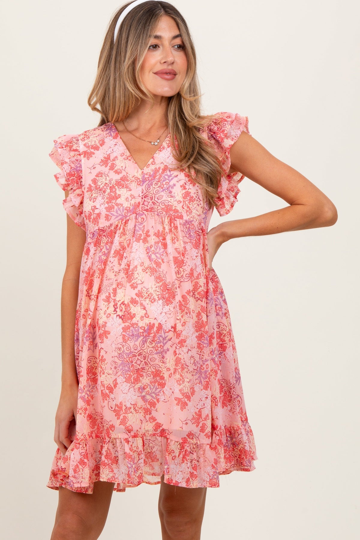Pink Floral Chiffon Ruffle Short Sleeve Maternity Dress by PinkBlush at Everetts Place