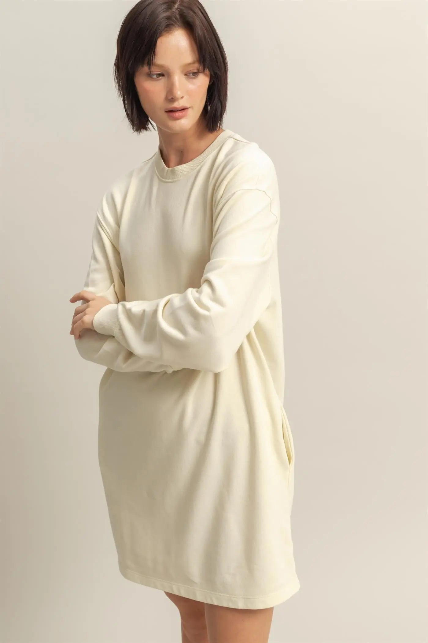 PinkBlush Chic Cream Oversized Sweatshirt Mini Dress with Pockets for Casual Wear - Apparel & Accessories > Clothing > Dresses