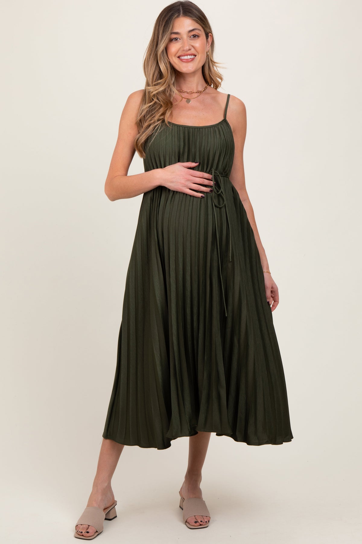 Olive pleated maternity midi dress with flutter sleeves, crew neck, and a tied sash at the waist