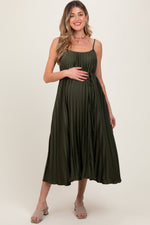 Olive pleated maternity midi dress with flutter sleeves, crew neck, and a tied sash at the waist