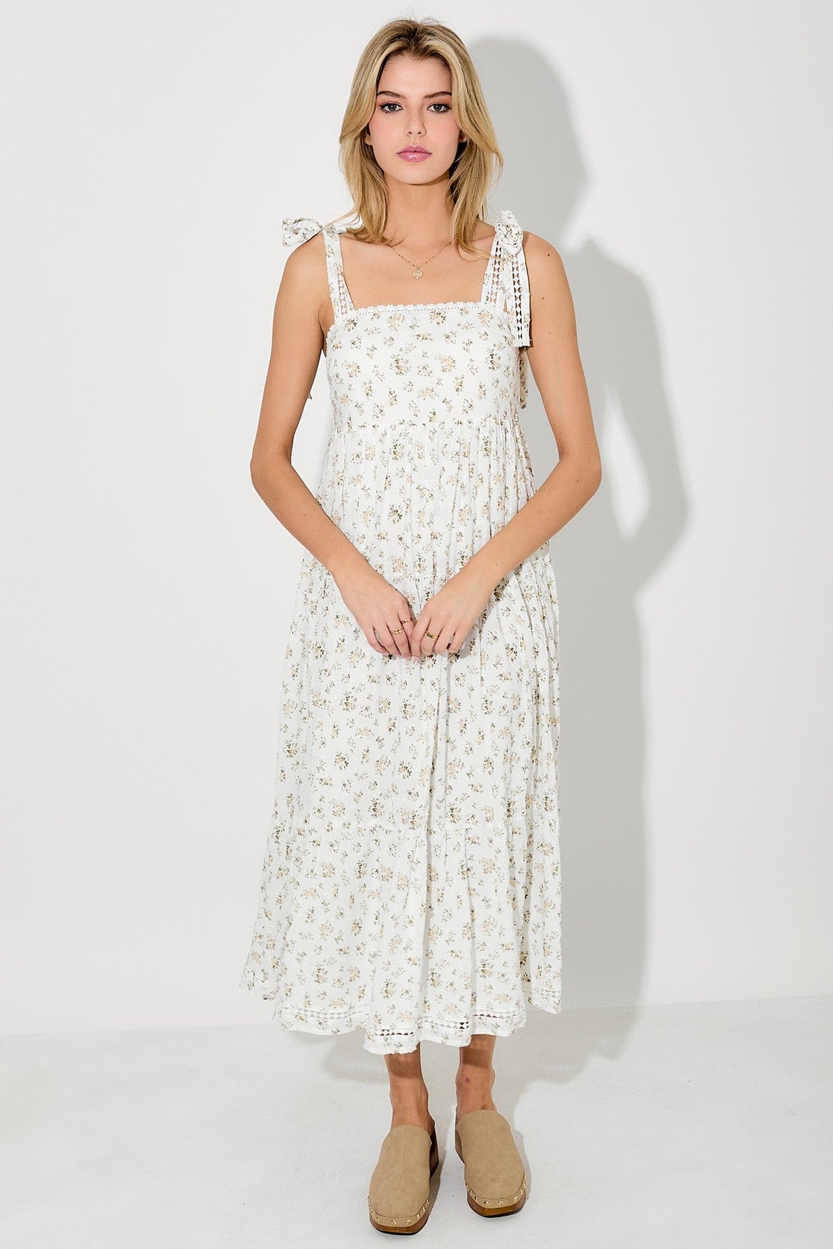 Light Yellow Floral Shoulder Tie Maternity Midi Dress by PinkBlush at Everetts Place