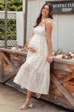 Light Yellow Floral Shoulder Tie Maternity Midi Dress by PinkBlush at Everetts Place