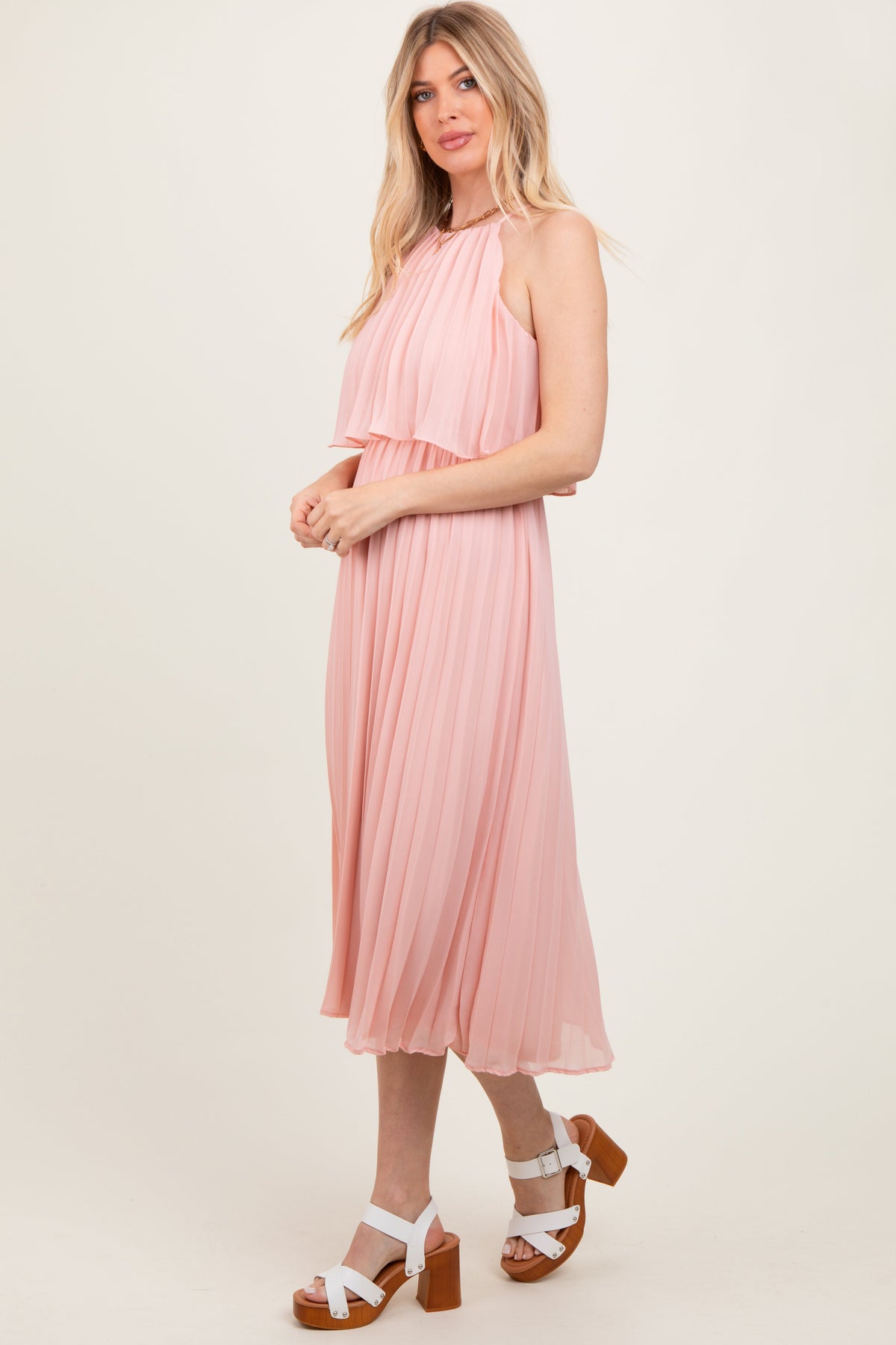 Pink Pleated Woven Midi Dress by PinkBlush at Everetts Place