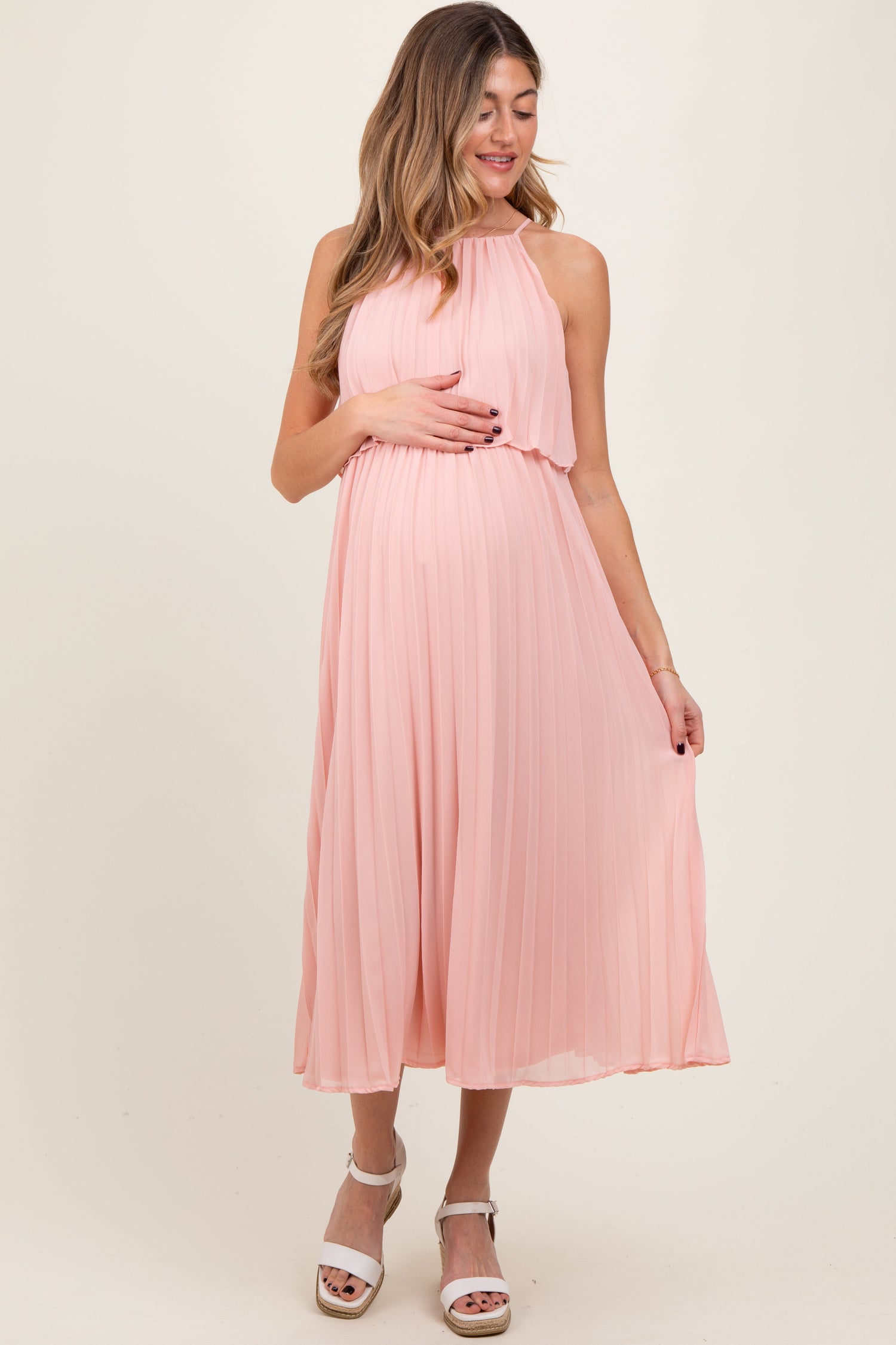 Pink Pleated Woven Maternity Midi Dress by PinkBlush at Everetts Place