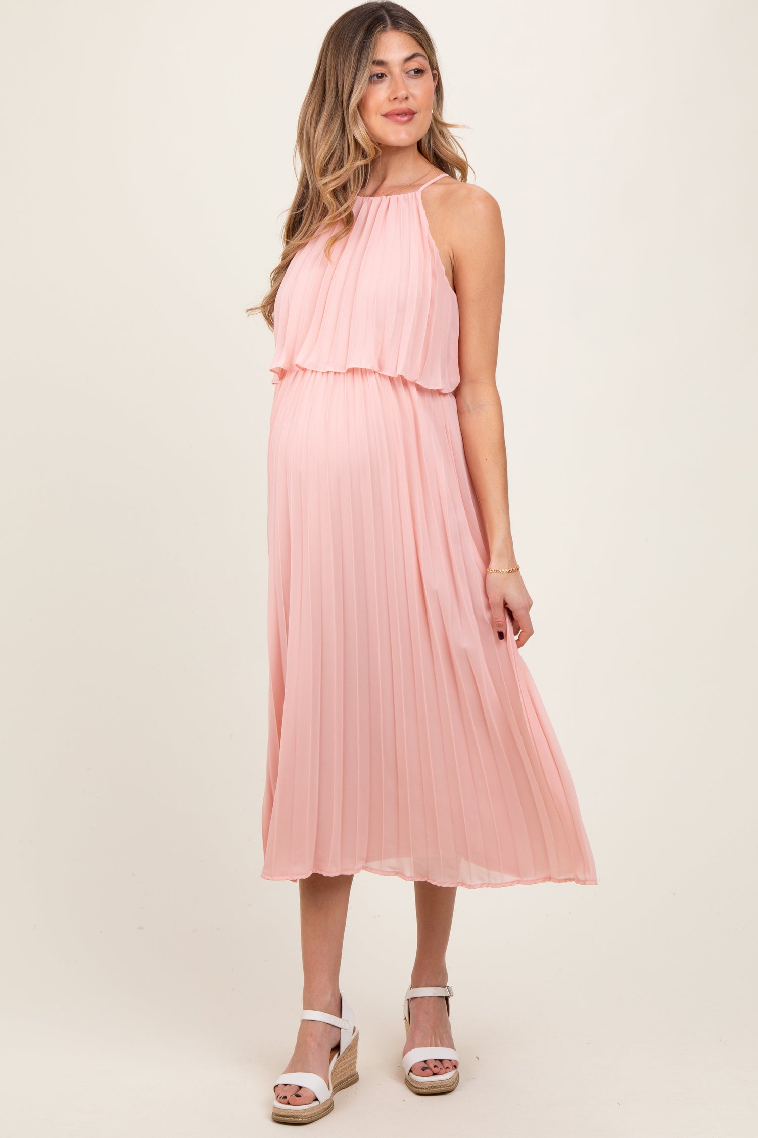 Pink Pleated Woven Maternity Midi Dress by PinkBlush at Everetts Place
